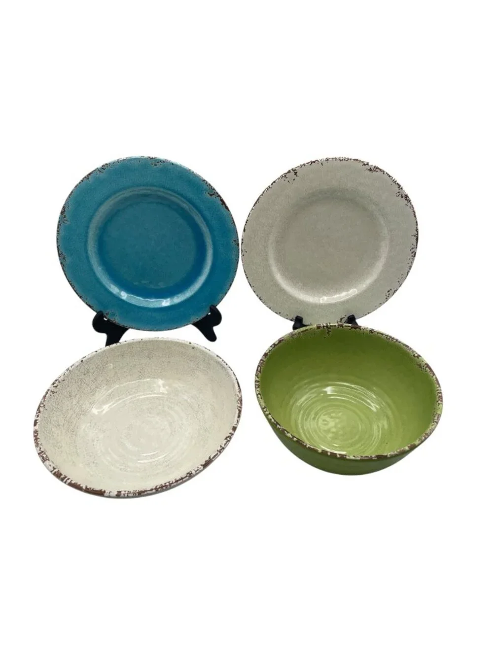 Williams Sonoma Rustic Outdoor Melamine Lot 2 Plates & 2 Bowls Ivory Blue Green